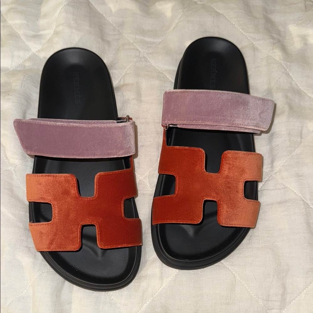 100% authentic Hermes Chypre slides velvet goatskin